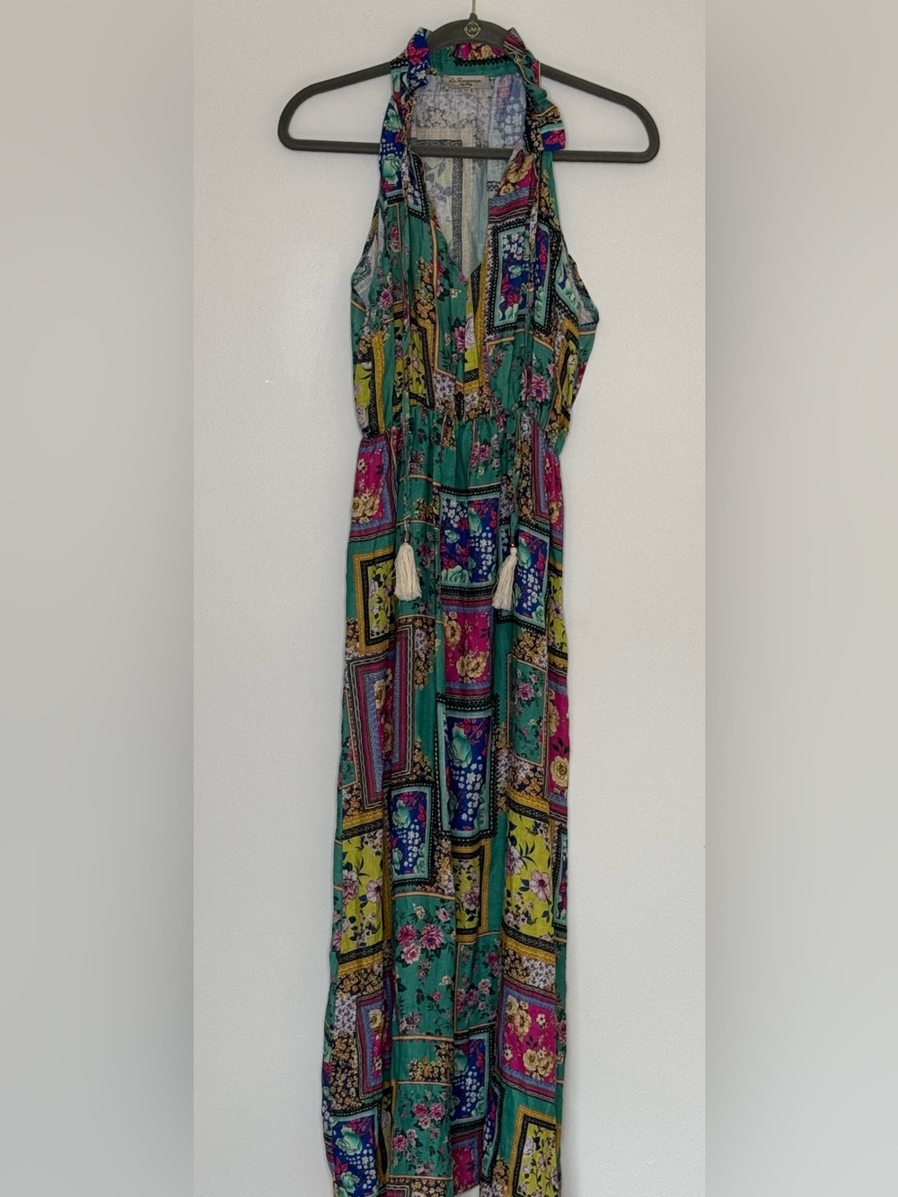 Linen Boho Halter Maxi Dress in Green Floral Patchwork
